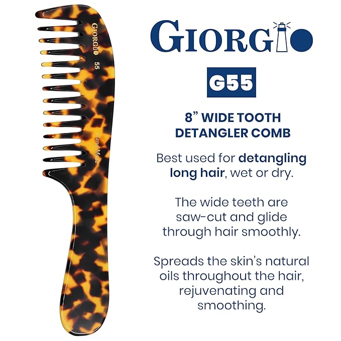 Giorgio G55 Wide Tooth Detangler Comb for Wet Hair, Hair Comb for Thin to Medium Hair, Hair Combs for Women and Men, Large Tooth Rake Comb Handmade Saw-Cut and Hand Polished