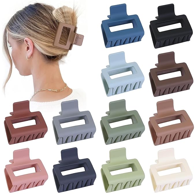 2 Inch Medium Hair Claw Clips 12 Pcs Square Hair Clips for Thin Hair Matte Nonslip Acrylic Banana Jaw Clips Bulk Hair Accessories for women and Girls - Multicolor