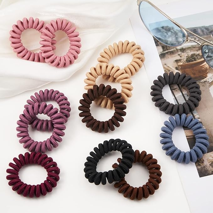 Spiral Hair Ties (12 Pcs, Cloth Purple) - Coil No Crease Ponytail Holders for All Hair Types with Plastic Spiral
