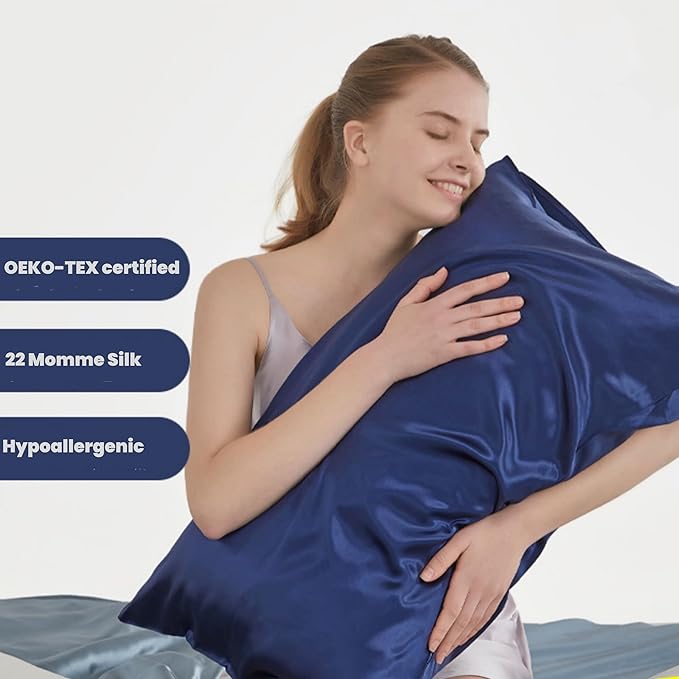 Navy Blue Silk Pillow Cases with Zipper Standard Size, USA Made, Real 22 Momme Mulberry Silk Pillowcase for Sleeping Women, Cooling, Anti Acne (Navy Blue, Standard)