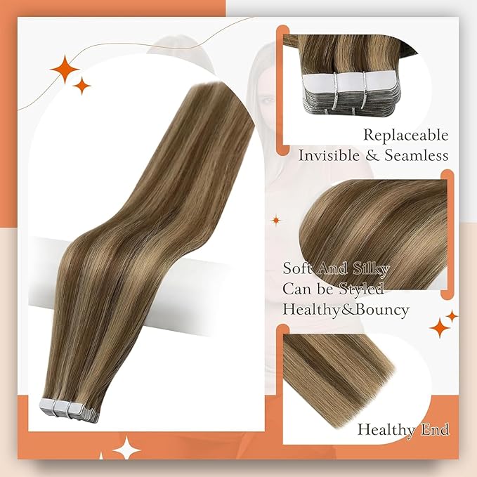 Full Shine Tape in Extensions Human Hair Medium Brown Highlighted Honey Blonde Tape ins Human Hair 14 Inch Real Human Hair Extensions Tape ins 50 Gram 20 Pcs Seamless Skin Weft Hair Extensions 4P27