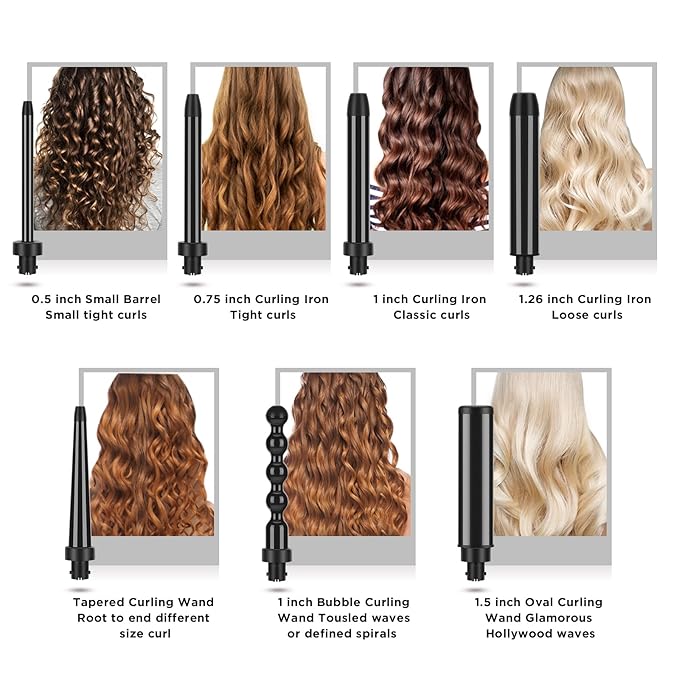 PARWIN PRO BEAUTY 7 in 1 Curling Iron Wand Set,Dual Voltage Curling Wand with 7 Interchangeable Diamond Ceramic Hair Curler Wands with LCD Temperature Control Auto Shut Off Black