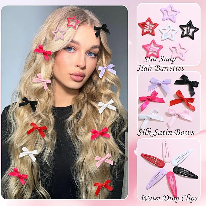 36Pcs Pink Mini Bow Hair Clips 6 Color Water Drop No Slip Hair Clips for Women White Star Snap Hair Barrettes Black Small Hair Bows Star Bowknot Hair Accessories for Girls