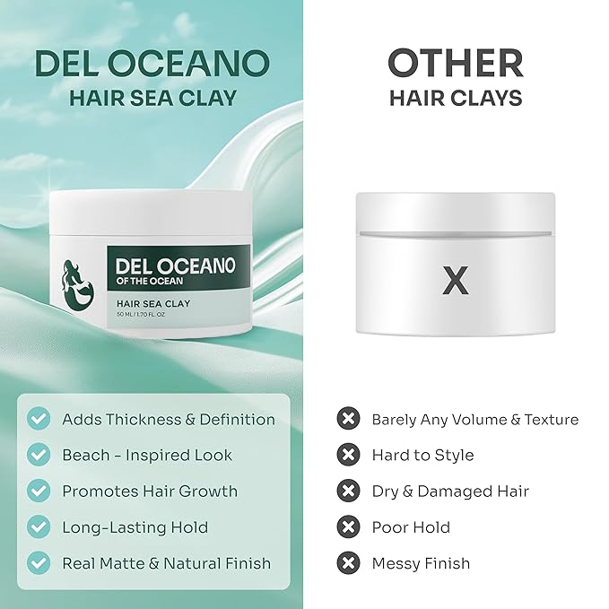 Del Océano Hair Styling Sea Clay - Strong Hold, Matte Finish, Nourishing Formula Hair Clay for Men, Ideal for Hairstyling Medium, Messy, Fine Thinning Hair Styles, 2.7 oz
