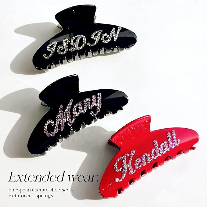 Personalized Colorful Name Hair Claw Clips for Women,Custom Hair Clips with Diamond,Cute Hair Accessories 4",Handmade Rhinestones Hair Clamp Gifts for Mom,Bride,Wife,Bridesmaid,Couples（Black）
