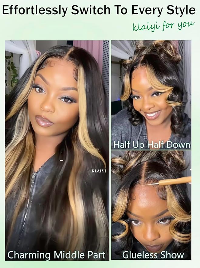 KLAIYI Ombre Highlight Blonde Loose Body Wave Bye Bye Knots Glueless Wigs Human Hair 7x5 Precut Lace Front Pre Plucked Bleached Ready to Wear Go Wig with Face Framing Curtain Bang Caramel Brown 18Inch