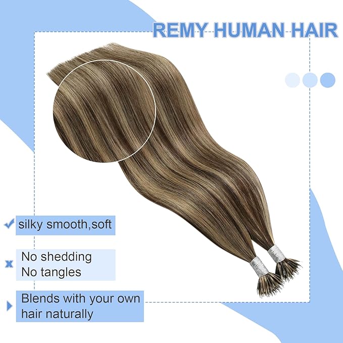 YoungSee Nano Beads Hair Extensions Human Hair Dark Brown with Caramel Blonde No Glue Nano Loop Hair Extensions Real Human Hair Pre Bonded Nano Hair Extension Highlight Brown 20in 50grams 50strands