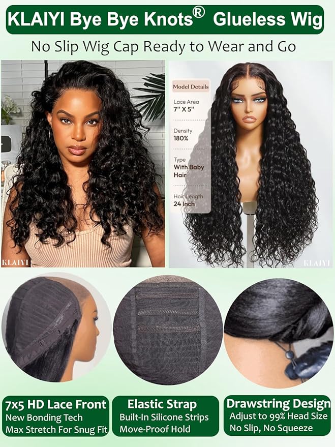 KLAIYI Bye Bye Slip™ Water Wave 7X5 Precut Lace Front Human Hair Wig Drawstring Glueless 3S Ready to Wear and Go Wig with Baby Hair Pre Plucked Bleached Bye Bye Knots Curly Wig 180%Density Full 16Inch