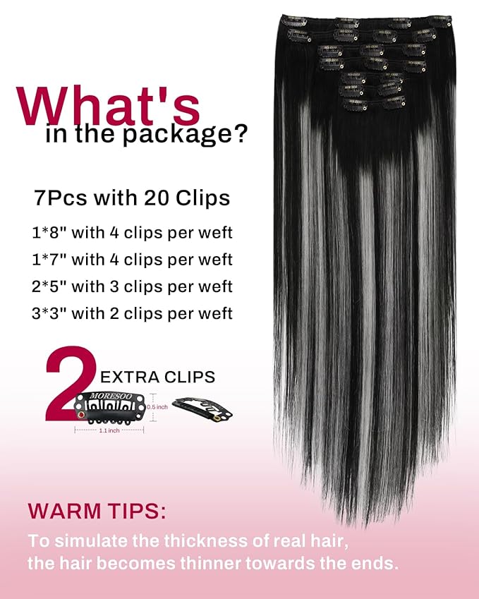 Moresoo Clip on Hair Extensions Balayage Remy Double Weft Human Hair Extensions Clip ins Natural Black to Silver 20inch 150Grams 7pcs