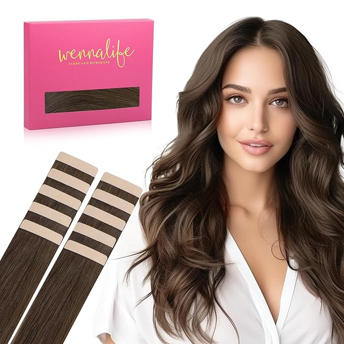 WENNALIFE Tape in Hair Extensions Human Hair Chocolate Brown Tape in Extensions, 10pcs 30g 20 inch Remy Invisible Tape Ins Straight Soft Real Human Hair Tape in Extensions Refill Set Extensions