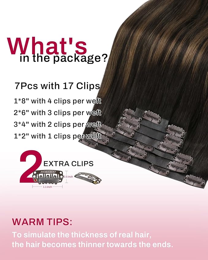 Moresoo Clip in Hair Extensions Real Human Hair Seamless Dark Brown to Chestnut Brown Ombre Seamless Clip ins Human Hair Remy Pu Weft 120g 7pieces Straight 16in