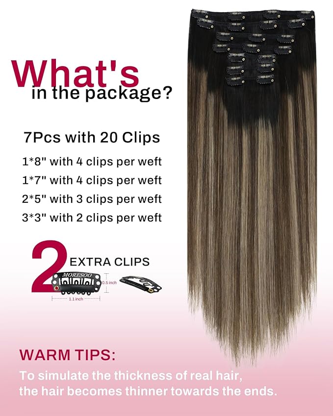 Moresoo Clip in Human Hair Extensions Balayage Straight Double Weft Human Hair Clip in Extensions Ombre Off Black Fading to Brown Mixed Dark Golden Blonde 7pcs/150g 20inch