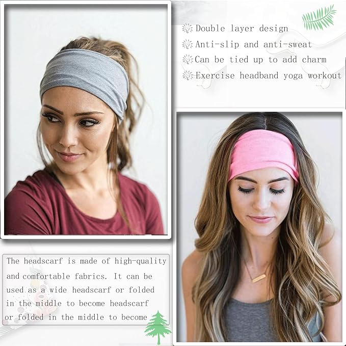 Boho Wide Headbands for Women Short Hair Floral Headbands Soft Fabric Hair Bands Non Slip Elastic Sweat Hairbands Workout Yoga Running Sport Thin Wrap for Girls