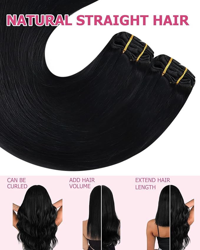 YoungSee 135G Clip in Human Hair Extensions Straight Hair Extensions Clip ins Jet Black Clip on Human Hair Extension Real Human Hair for Full Head 18Inch 7Pcs