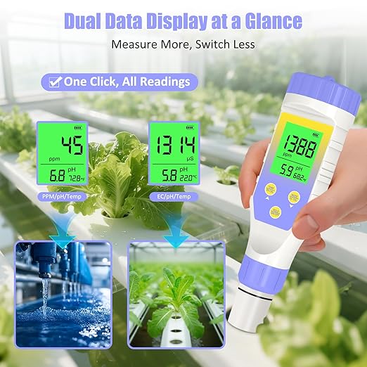 pH Meter for Water Hydroponics, 5-in-1 pH TDS EC Salt Tester for Water Nutrient Solution, Simultaneous Display of pH EC Temp for DWC Reservoir Tank, Aeroponic Garden, Growing System