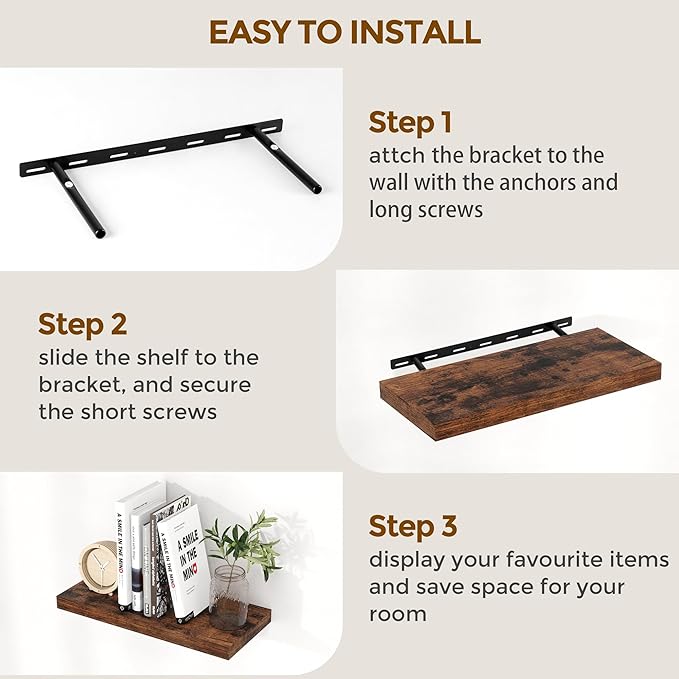 55 Inch Floating Shelves Set of 2, Rustic 55 x 9 Floating Shelf for Wall, 9 Inch Deep Wall Shelves Invisible Bracket, Large Deep Shelving for Bedroom, Kicten, Living Room, Rustic Brown Color