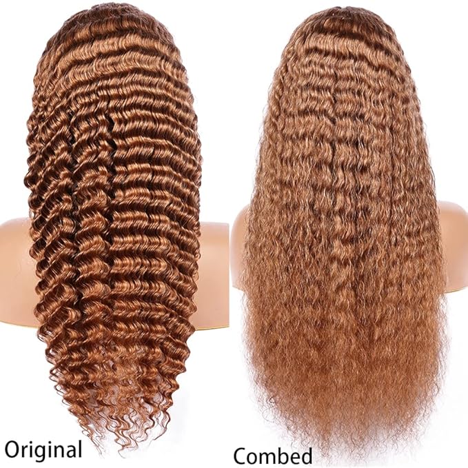 Brown Deep Curly Wave Human Hair Lace Front Wigs with Baby Hair for Black Women Pre Plucked 180% Density Brazilian Virgin Hair HD Transparent Lace Frontal Wig 14 Inch
