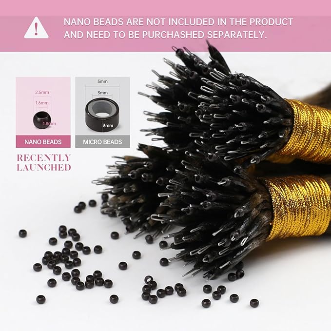 YoungSee Nano Hair Extensions Human Hair Brown Nano Bead Hair Extensions Human Hair Balayage Nanolink Hair Extension Dark Brown Ombre Medium Browns Nano-Tip Hair Extension 14inch 50s 50g