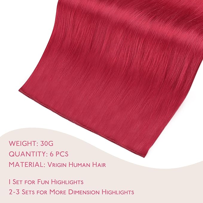 WENNALIFE Red Clip in Hair Extensions Real Human Hair 35g 6pcs 24 Inch Colored Hair Extensions for Kids Women Colorful Hair Pieces Pop-up Style Straight Extensiones De Cabello Humano Con Clip