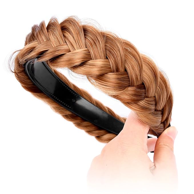 DIGUAN Wide Messy Braided Headband With Teeth Synthetic Hair Plaited Headband High Elasticity Braids Chunky Fishtail Braided Hair Band Hairpiece for Girls Women Beauty Accessory (Strawberry Blonde)