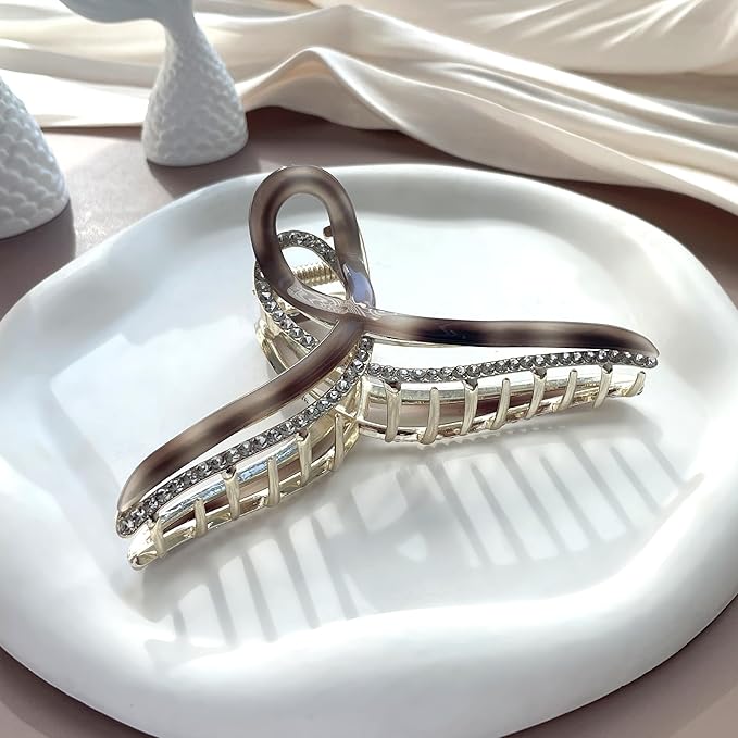 Large Metal Acetate Hair Claw Clips with Rhinestones, Gold Metal Hair Claw for Thick Hair, Strong Hold Non Slip Gold Hair Clips & Acetate Rhinestone for Women（Mermaid Amber）