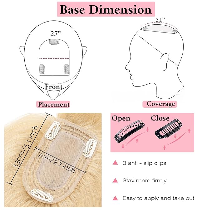 SEGO 100% Real Human Hair Toppers, with Air Bangs, Silk Base 150% Density, Clip in Topper, 2.7”x5.1”, HairPieces for Women, with Thinning/Hair Loss Cover Gray