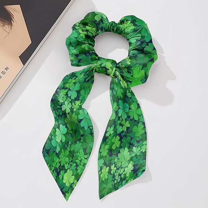 Four Leaf Elastic Bow Hair Ties Women Black Green Ribbon Scrunchies with Long Tails St Patricks Day Scrunchies with Ribbon Trendy 2 Piece