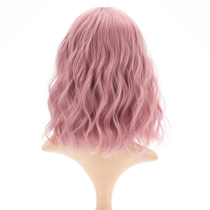 FAELBATY Short Curly Wavy Pink Wigs with Bangs Shoulder Length Synthetic Wig for Women and Girls Costume Cosplay Wigs(12" Pink)