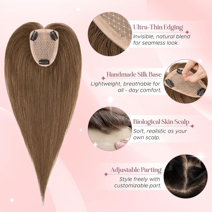 Real Human Hair Toppers for Women 3.54"*4.72" Silky Base 150% Density No Bangs Adjustable Parting Clip-In Topper Hairpieces for Women with Thinning Hair 16 Inches Medium Brown