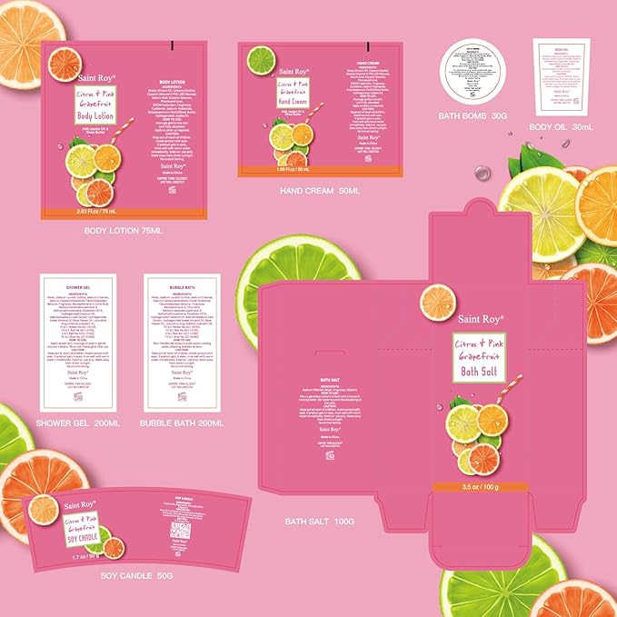Bath Spa Body Gift Set, Luxury Christmas Gifts for Women Citrus Pink Grapefruit Spa Kit Gift Woman, 11 Pcs Self Care Kit Gifts With Bubble Bath, Massage Oil, Bath Brush, Birthday Gifts for Women