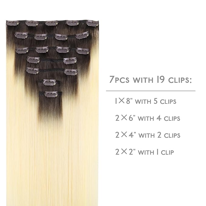 WENNALIFE Clip in Hair Extensions, 16 Inch 120g 7pcs Clip in Hair Extensions Real Human Hair, Ombre Light Dark Brown to Platinum Blonde Human Hair Remy Hair