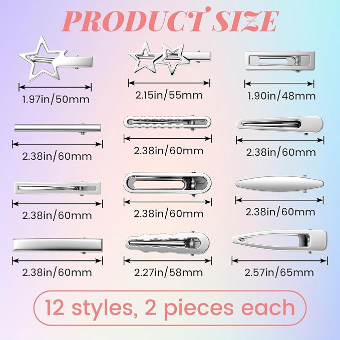 OIIKI 24pcs Silver Y2K Hair Clips, 12 Style Metal Alligator Clips Barrettes for Women, Non-Slip 2000s Star Hairclips Cool Hair Accessories for Thin Thick Straight Curle Hairstyles
