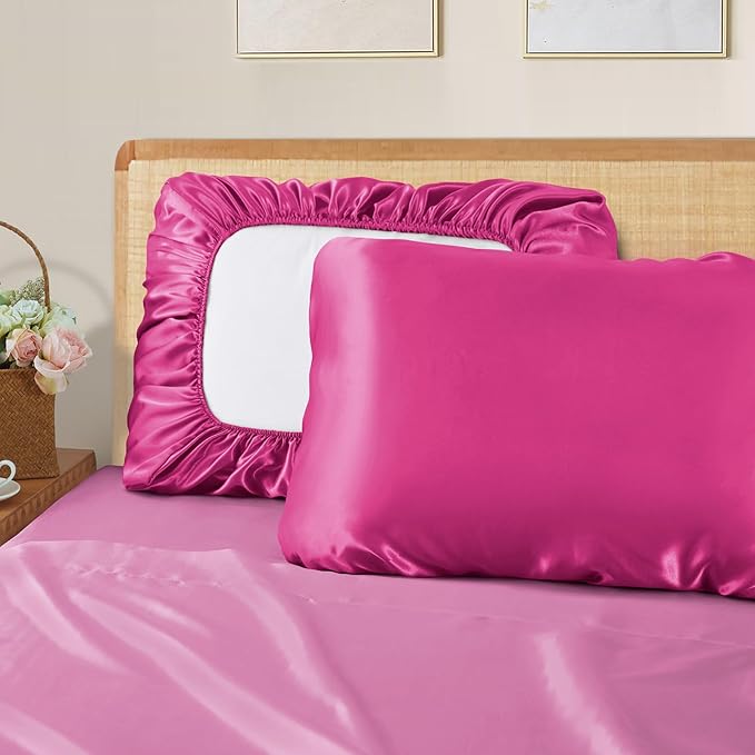 SiinvdaBZX Hot Pink Satin Pillowcase Standard/Queen Size Set of 2, Silky Travel Elastic Band Satin Pillow Case for Hair and Skin, Soft Portable & Fit for Various Pillow
