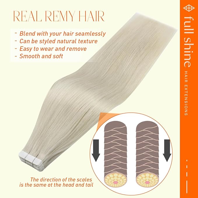 Full Shine Tape in Hair Extensions 14 Inch Soft Natural Tape in Extensions Color 1000 White Blonde Hair Extensions Tape in Invisible Tape ins Human Hair Extensions for Women 40 Pcs 100 Gram Wedding