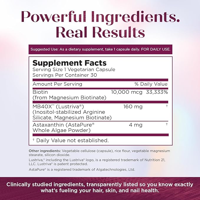 Purity Products MyBiotin ProClinical – Thicker Hair Starting in 3 Weeks & Fights Wrinkles - MB40X Patented Biotin Vitamin B7 Matrix w/Astaxanthin - 40X More Soluble vs Ordinary Biotin, 30 Veg Capsules