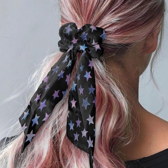 Star Hair Scarf for Women Ponytail Scrunchies Fashion Travel Accessory 2 Pcs Silky Hair Scrunchy Ribbon Scrunchies Ponytail Holder