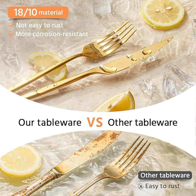 KINGSTONE Silverware Set, 60-Piece Flatware Set Cutlery Set Premium 18/10 Stainless Steel, Tableware Include Forks Knives Spoons for Home Kitchen Restaurant Wedding, Dishwasher Safe,Gold