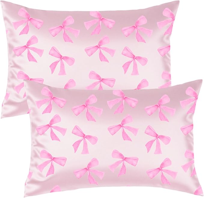Pink Bow Satin Pillowcase for Hair & Skin Care, Standard Size Set of 2 - Luxurious Satin Pillow Cover with Envelope Closure(20x26 Inches)