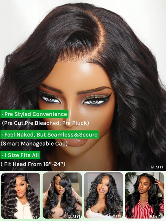 KLAIYI Loose Body Wave Pre Everything Glueless 13x4Lace Front Wig Human Hair Drawstring Precut Lace Pre Plucked Bleached Bye Bye Knots 3S Ready to Wear and Go Wig with Face Framing Curtain Bang 22Inch
