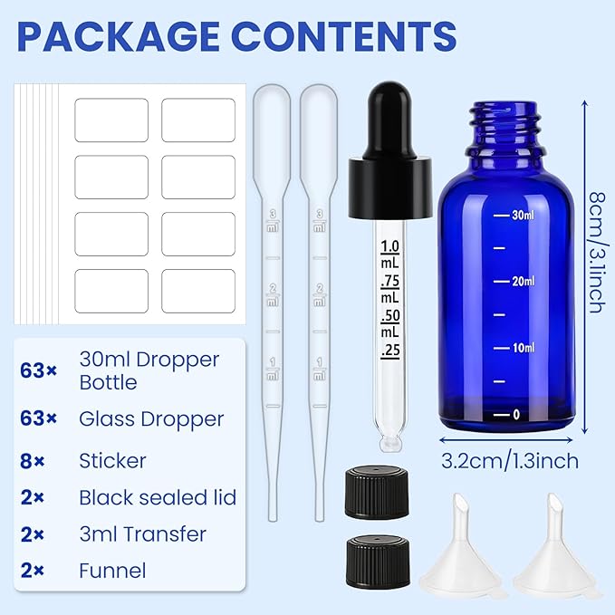 63 Pcs 1oz Blue Glass Dropper Bottles with Measurement, 30ml Leakproof Tincture Bottles with Funnels, Eye Droppers, Extra Caps & Labels, Refillable Empty Bottles for Tinctures, Essential Oils