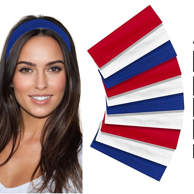 Styla Hair Headbands for Women Stretch Fashion Head Bands 10 Pack Non-Slip Head Wraps Great for Spa, Sports, Yoga, Pilates, Running, Gym Headband, Workouts (Red White Blue)