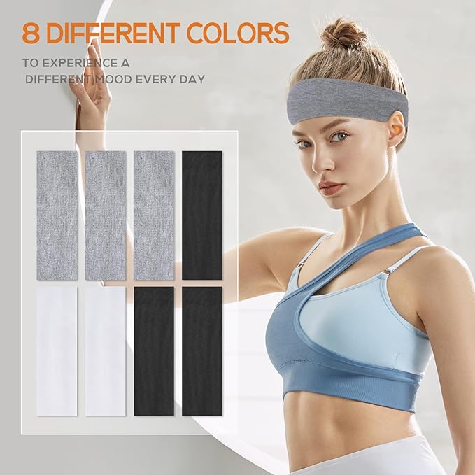 Workout Headbands for Women Non Slip - 8PCS Elastic Sport Head Bands for Women's Hair, Sweat Headband for Athletic Yoga Running Gym