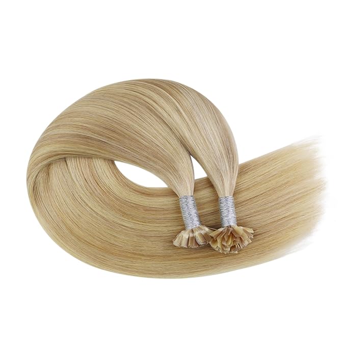 YoungSee K Tip Hair Extensions Human Hair Blonde Highlight Ktip Human Hair Extensions Golden Blonde Highlight Long Hair 22in 50s/50g