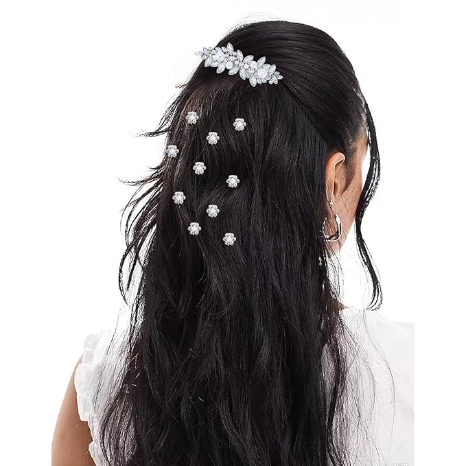 13 Pieces Rhinestone Hair Clips, Including10 Silver Mini Flower Hair Clips, 2 Pcs Crystal Bobby Pins, 1 Decorative Rhinestones Barrette with Pearls for Bride Women Flower Girls