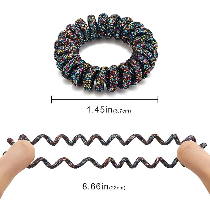 Spiral Hair Tie(Glitter Black Colorful,12 Pcs), Coil Hair Ties for Thick Hair, Ponytail Holder Hair Ties for Women, No Crease Hair Ties, Phone Cord Hair Ties for all Hair Types with Plastic Spiral