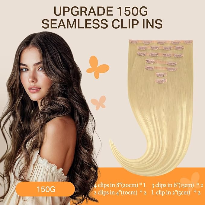 DOORES Clip in Hair Extensions Human Hair, Dirty Blonde Mixed Platinum Blonde 14 Inch 130g 9pcs, Invisi Edge Hair Extensions Seamless Clip in Hair Extensions Real Straight Natural Hair