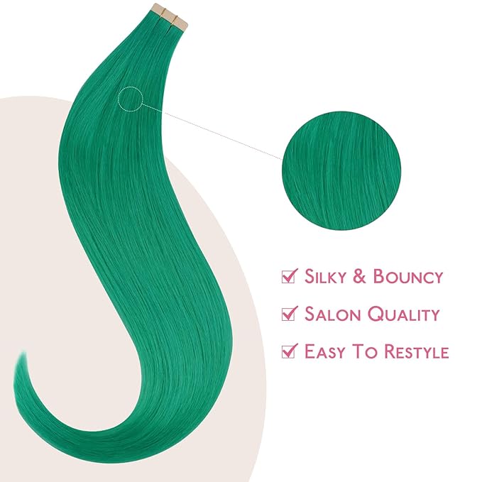 WENNALIFE Tape in Hair Extensions Human Hair Green Tape in Extensions, 10pcs 25g 16 inch Remy Invisible Tape Ins Straight Colored Soft Real Human Hair Tape in Extensions Refill Set Extensions