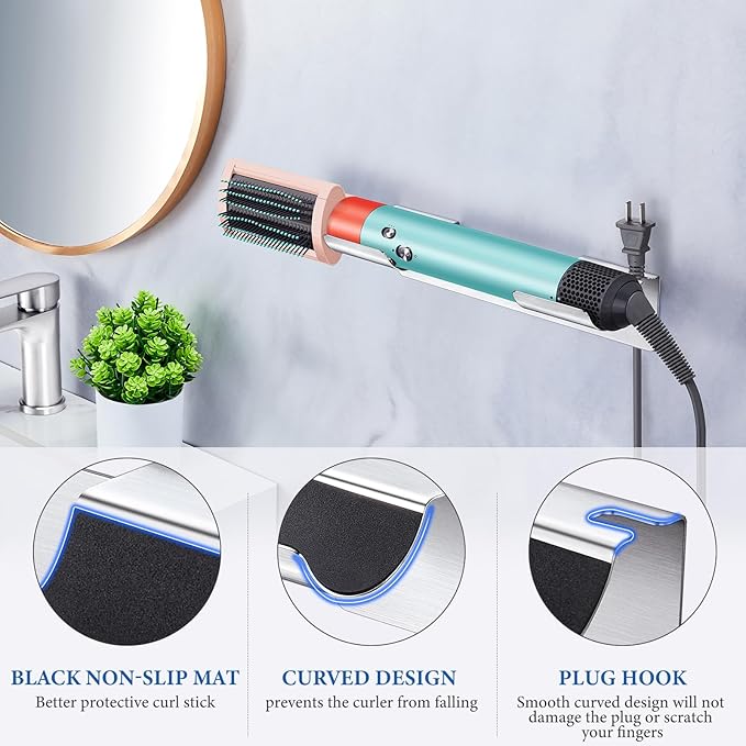 Wall Mount Curling Iron Holder and Hair Tool Organizer with Adhesive, Multifunctional Hot Flat Iron and Hair Straightener Holder Storage Stand for Vanity, Cabinet and Wall, Silver