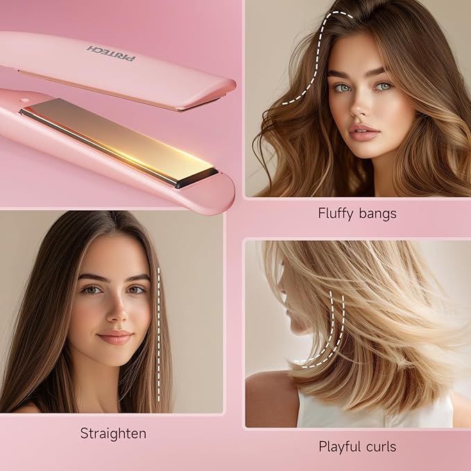 Flat Iron Hair Straightener 1 Inch Titanium - Fast Heating Pink Hair Straightener， Negative Ions Flat Iron 12 Temp (230°F-450°F), Auto Shut Off, Temp Memory & Dual Voltage for Smooth Silky Hair