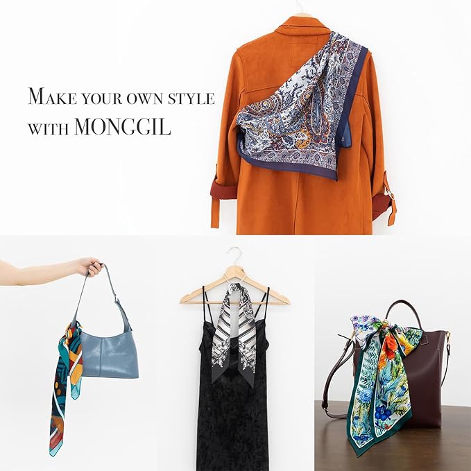 Skinny Scarf 3 Pack for Women – Bag Scarf, Silk Hair Scarves (Original Prints, Premium Twill, 3 Designs)